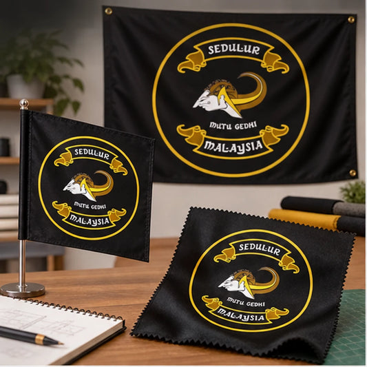 Custom club flags, banners and event gear with an authorized motorcycle club logo arranged for customization planning