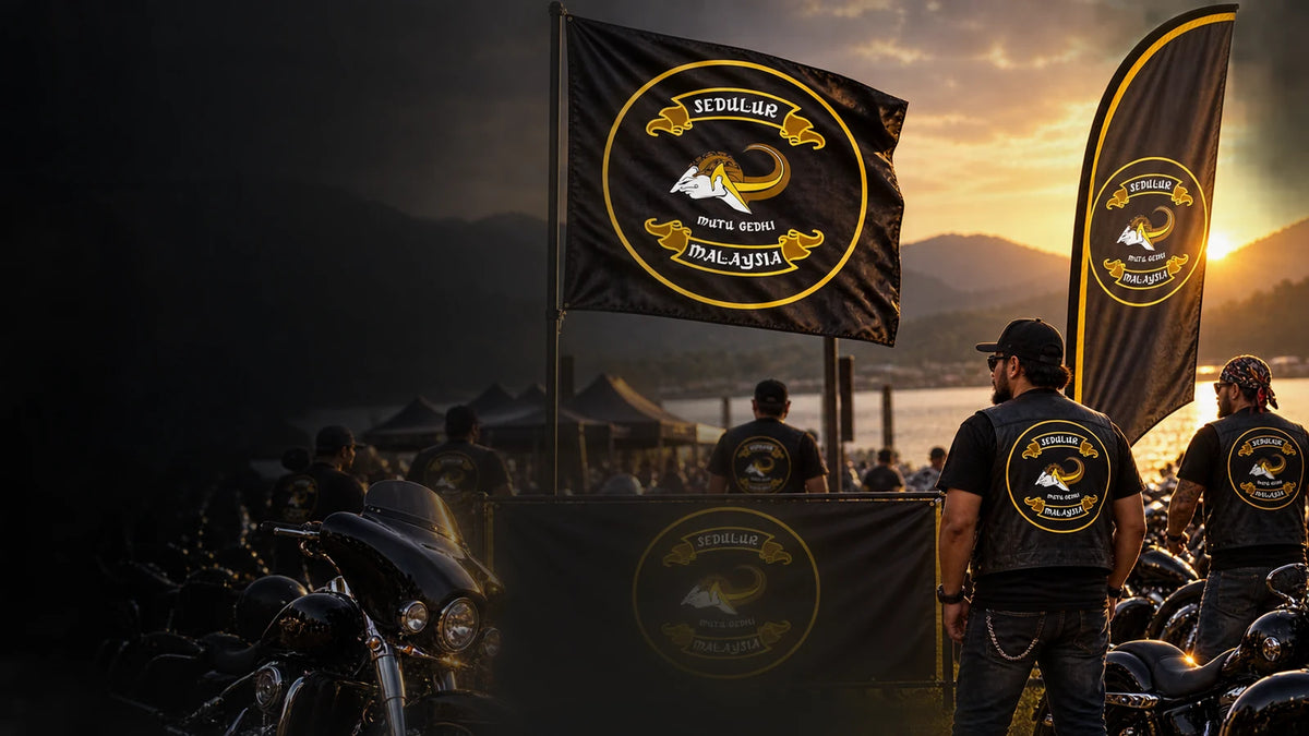 Custom club flags, banners and event gear with an authorized motorcycle club logo displayed as a complete custom collection