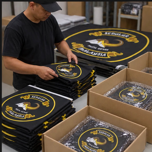 Custom club flags, banners and event gear with an authorized motorcycle club logo finished and prepared for worldwide shipping