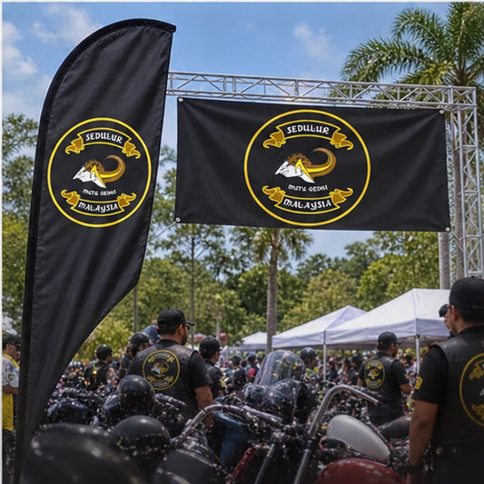 Custom club flags, banners and event gear with an authorized motorcycle club logo prepared for a motorcycle club rally