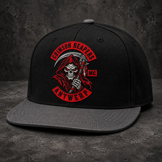 Black / Charcoal shown with a custom motorcycle club flat-brim cap and a verified embroidered club identity.