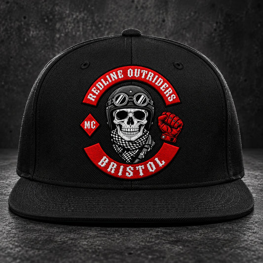 Black shown with a custom motorcycle club flat-brim cap and a verified embroidered club identity.