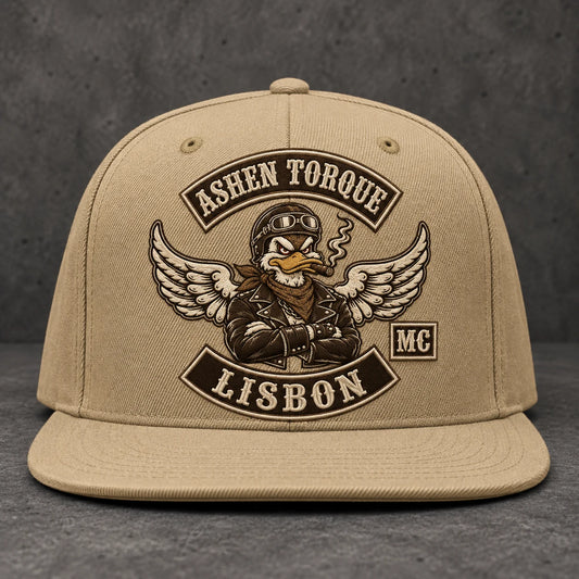 Khaki shown with a custom motorcycle club flat-brim cap and a verified embroidered club identity.