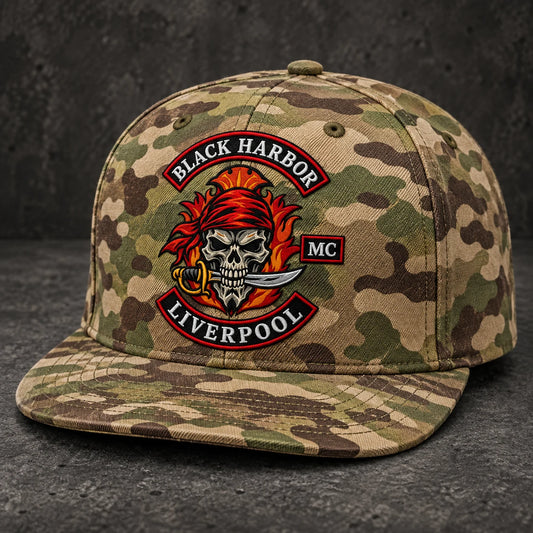Multicam-Inspired Options shown with a custom motorcycle club flat-brim cap and a verified embroidered club identity.
