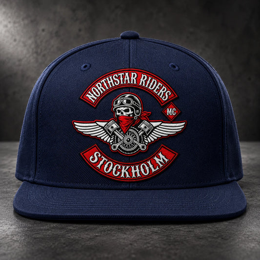 Navy shown with a custom motorcycle club flat-brim cap and a verified embroidered club identity.
