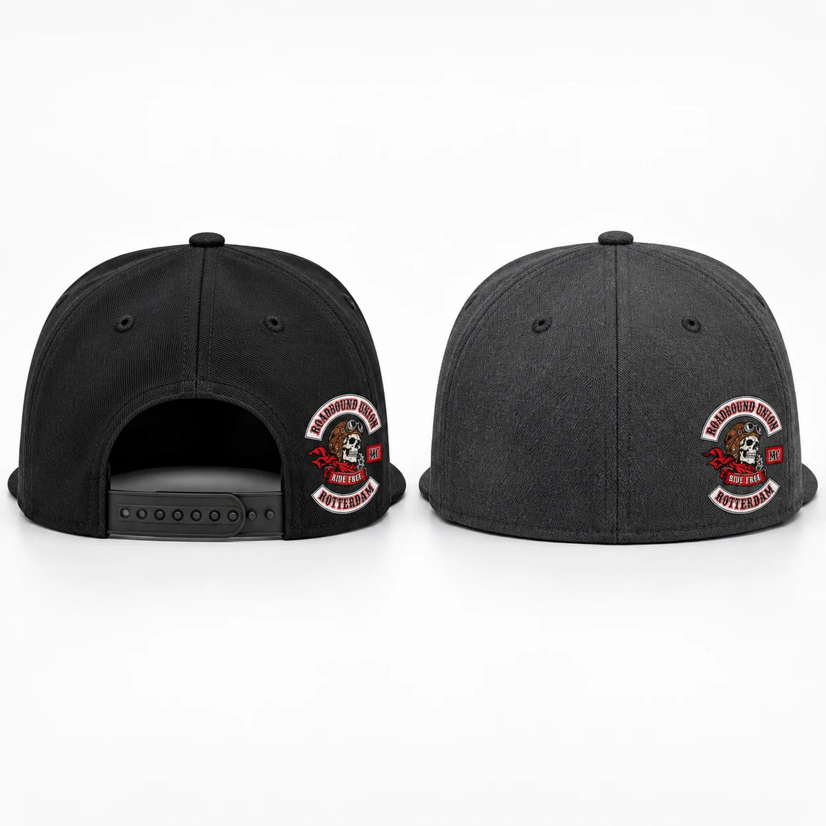 Dos gorras de visera plana de un club de motociclistas comparan un ajuste snapback con una confección ceñida.