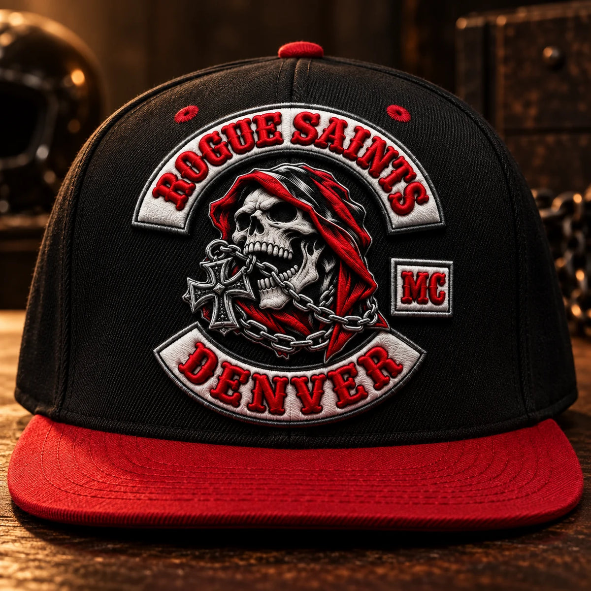 Una gorra negra y roja de ala plana de club de motociclistas presenta bordado 3D puff elevado con profundidad visible.