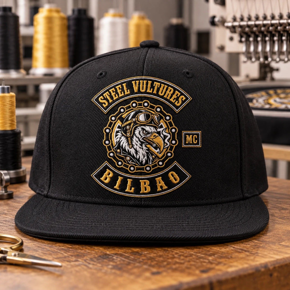 Una gorra de ala plana de un club de motociclistas negro muestra un bordado plano finamente cosido en su panel frontal.