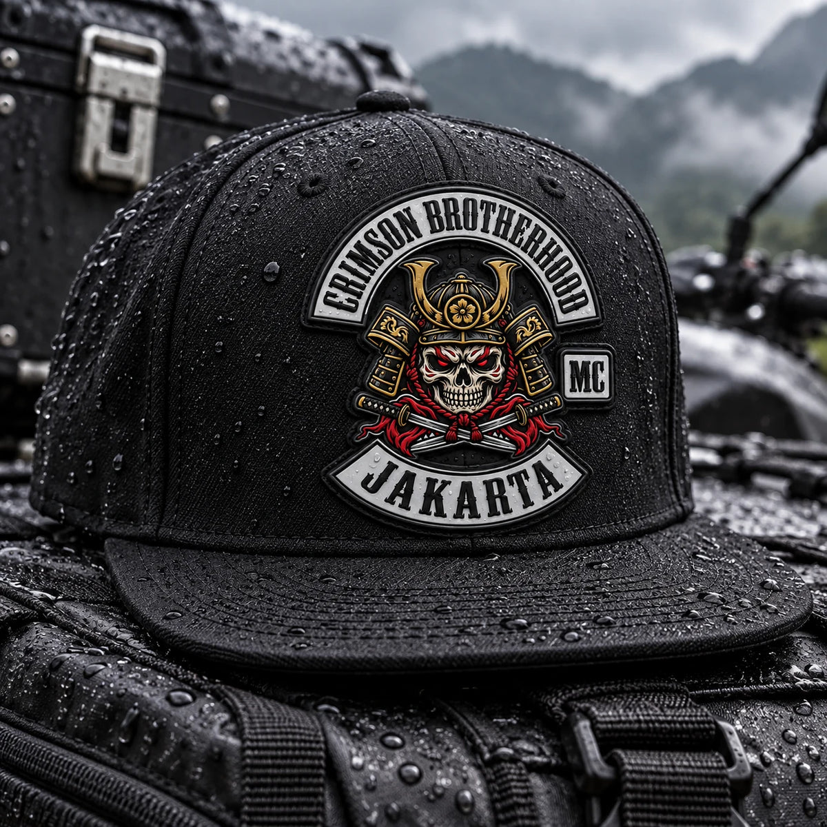 Una gorra de ala plana de un motoclub de color negro muestra un parche con emblema de PVC dimensional flexible.