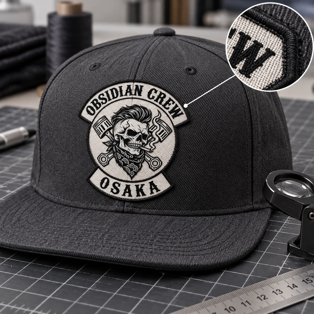 Una gorra de visera plana de un club de motociclistas color carbón luce un parche con un emblema tejido finamente detallado.