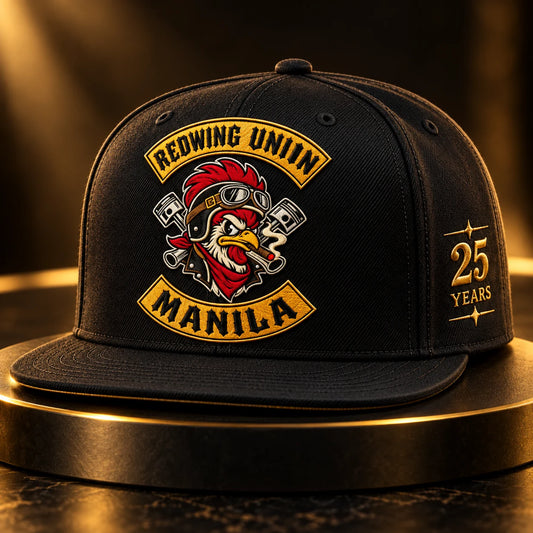 Anniversary Edition shown with a custom motorcycle club flat-brim cap and a verified embroidered club identity.