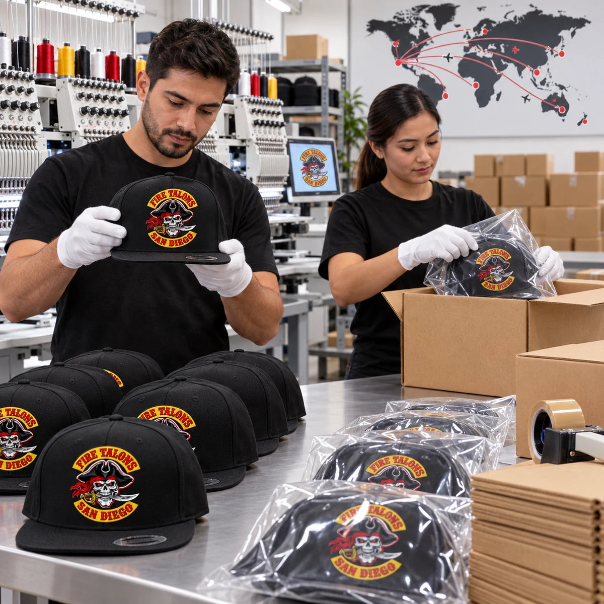 Los operarios de producción inspeccionan y empaquetan gorras de visera plana personalizadas de clubes de motociclistas para su envío mundial.