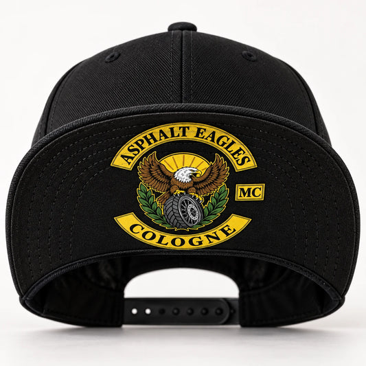 Under-visor motorcycle club cap decoration with a compact printed emblem centered inside the visor stitching and edge binding.