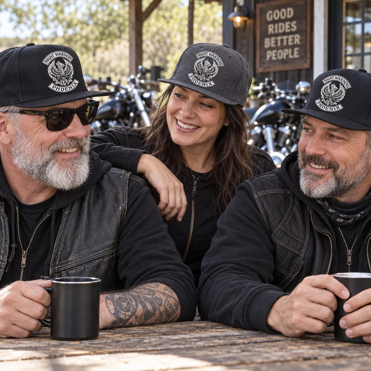 Los miembros de un moto club usan gorras personalizadas de ala plana a juego durante una reunión informal en una parada en la carretera.
