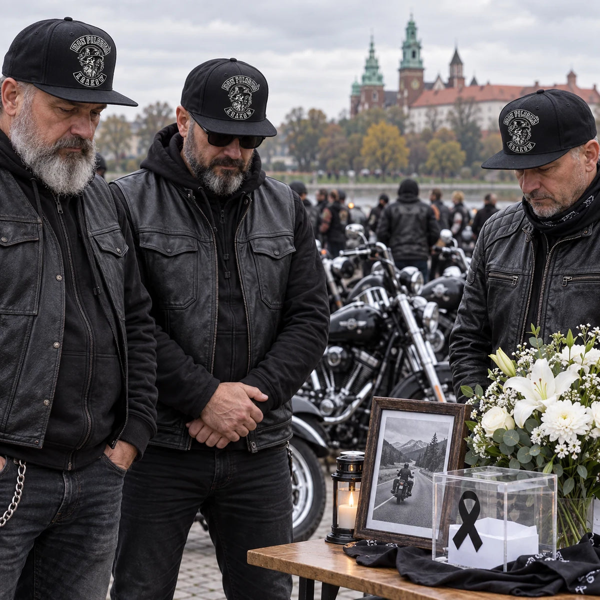 Los motociclistas del club visten gorras coordinadas de ala plana negras mientras se reúnen para una respetuosa rodada benéfica.