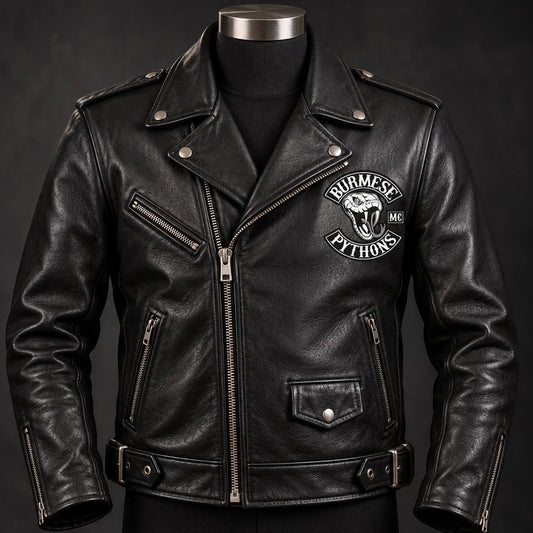 Chest Logo customization on a motorcycle club leather jacket.