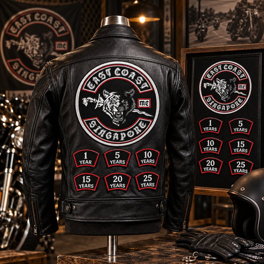 Event & Anniversary Patches customization on a motorcycle club leather jacket.