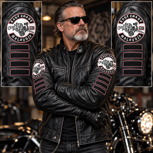 Sleeve Patches customization on a motorcycle club leather jacket.