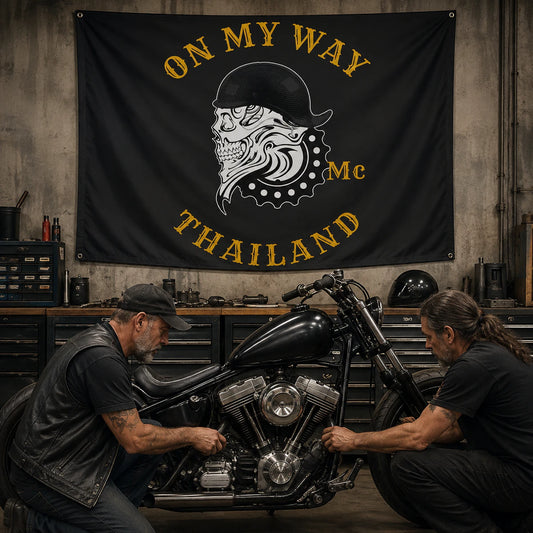 Motorcycle club members use a custom rectangular flag for custom garage & workshop flags in a realistic American V-twin setting.