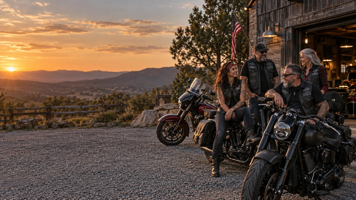 Motorcycle club members wearing custom leather vests beside touring motorcycles.