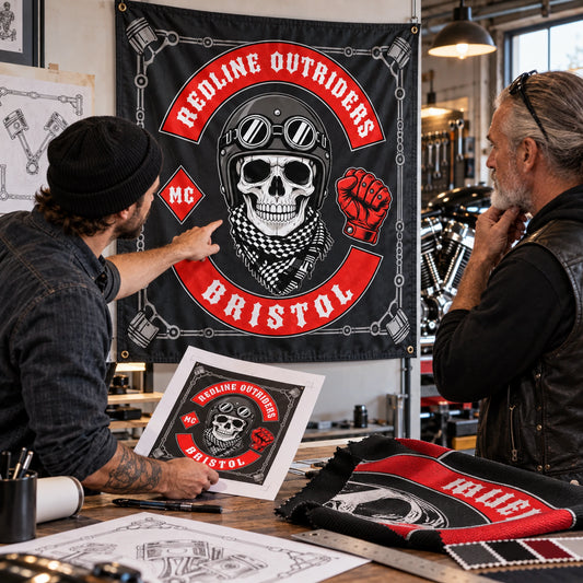 A club road captain reviews V-twin-inspired custom flag artwork with a designer beside the workshop.