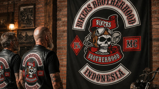 Two mature motorcycle club members review a premium custom hanging flag installed inside a brick clubhouse.