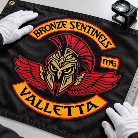 A gloved craftsperson inspects an accurately reproduced motorcycle club logo on a custom hanging flag.