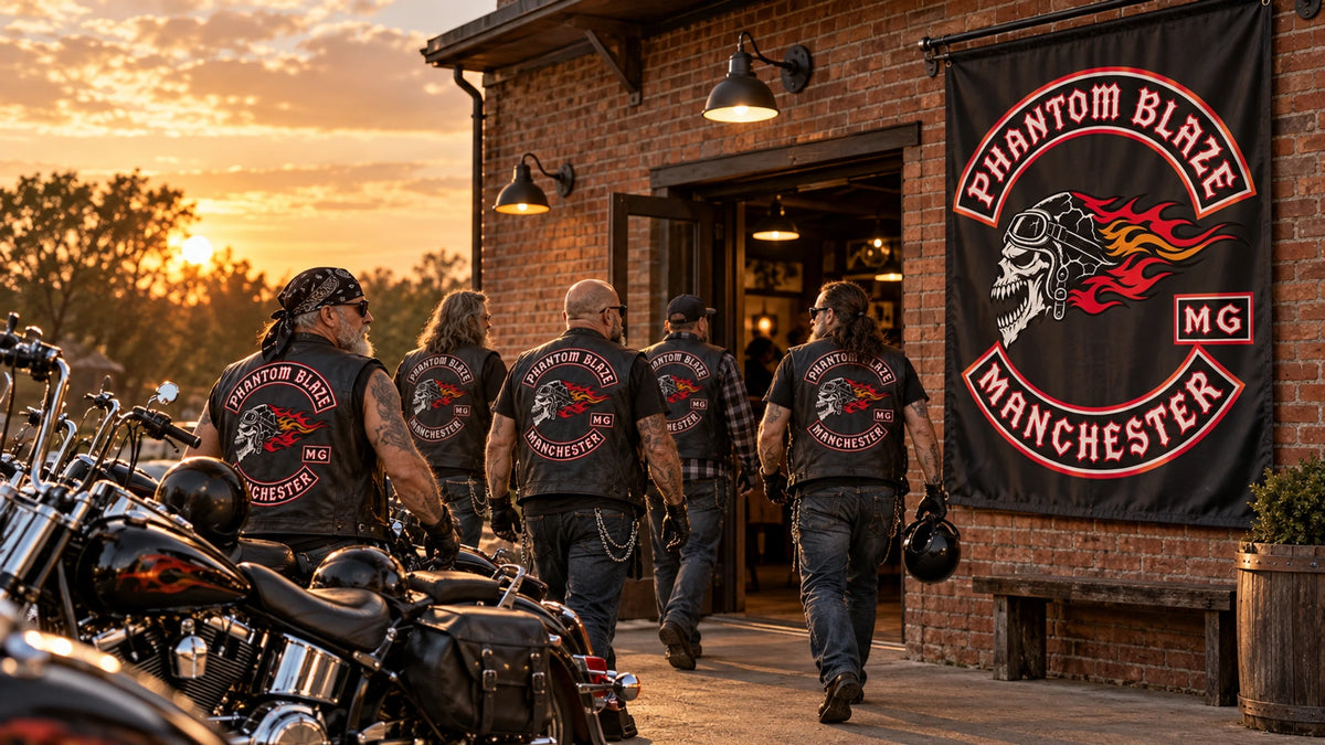 Mature motorcycle club riders arrive at a brick clubhouse where a custom vertical club flag hangs beside parked American V-twin motorcycles.