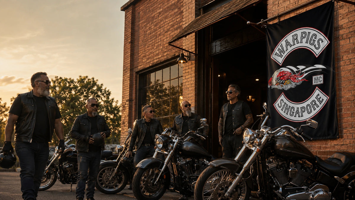 Mature motorcycle club riders arrive at a brick clubhouse where a custom vertical club flag hangs beside parked American V-twin motorcycles.