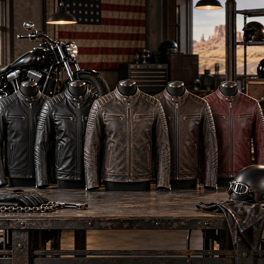 Leather finish choices for coordinated motorcycle club jackets.
