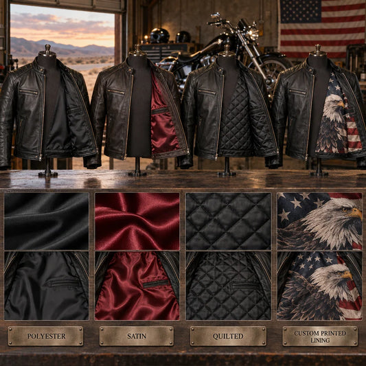 Lining choices displayed inside complete motorcycle club leather jackets.
