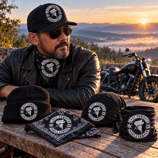 Custom motorcycle club headwear and rider accessories carrying an authorized club logo at a mountain turnout.