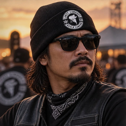 Custom club caps, beanies and rider accessories with an authorized motorcycle club logo created for a club anniversary