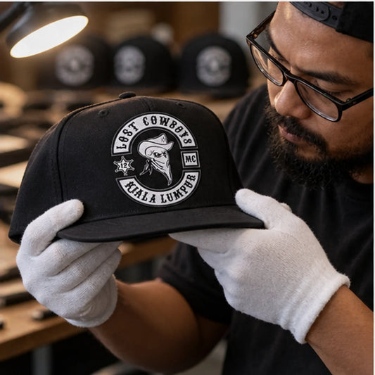 Custom club caps, beanies and rider accessories with an authorized motorcycle club logo shown during sample approval