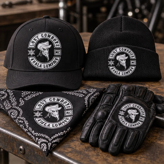 Custom club caps, beanies and rider accessories with an authorized motorcycle club logo arranged for customization planning