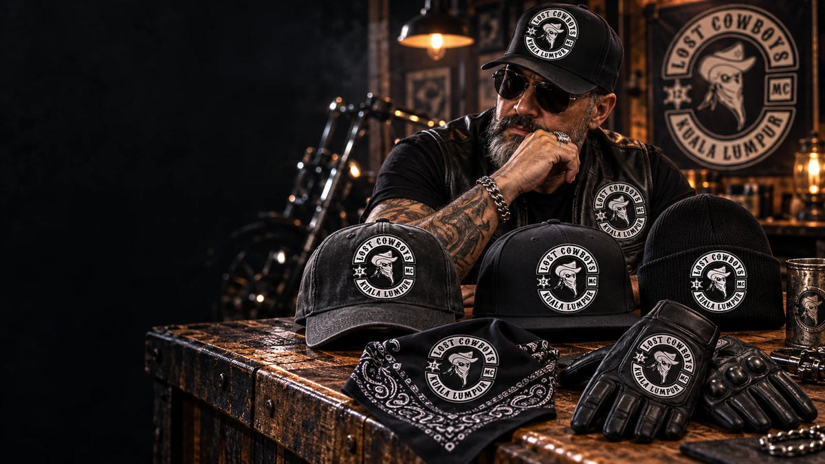 Custom club caps, beanies and rider accessories with an authorized motorcycle club logo displayed as a complete custom collection
