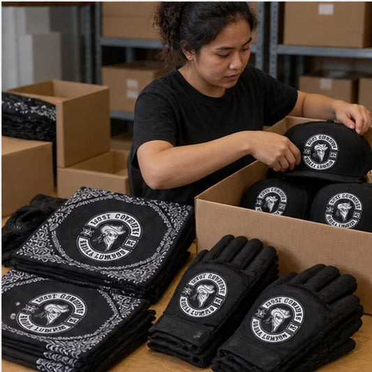 Custom club caps, beanies and rider accessories with an authorized motorcycle club logo finished and prepared for worldwide shipping