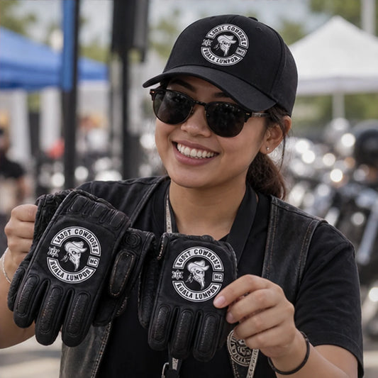 Custom club caps, beanies and rider accessories with an authorized motorcycle club logo prepared for a motorcycle club rally