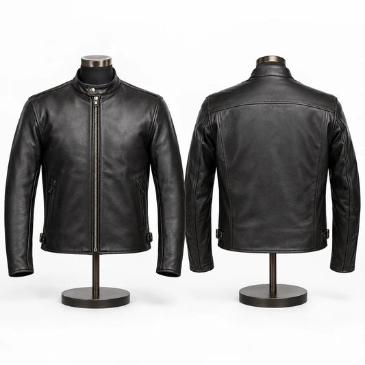 Straight-Zip Club Jacket shown as a custom motorcycle club leather jacket option.