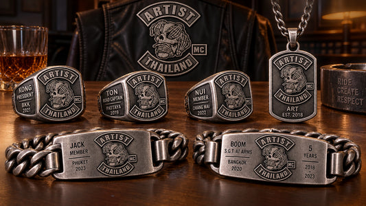 Coordinated motorcycle club jewelry with individualized member names, roles, chapters and anniversary dates.