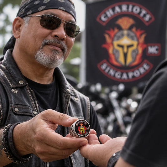 Custom club rings, pendants, buckles and metal gear with an authorized motorcycle club logo prepared for club members