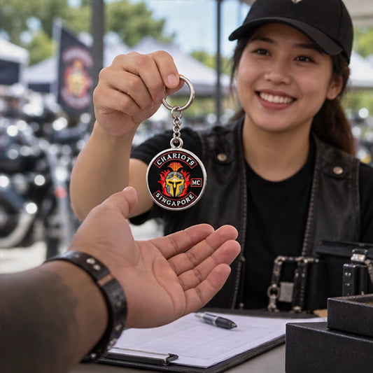 Custom club rings, pendants, buckles and metal gear with an authorized motorcycle club logo prepared for a motorcycle club rally