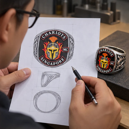 Custom club rings, pendants, buckles and metal gear with an authorized motorcycle club logo shown during custom design review