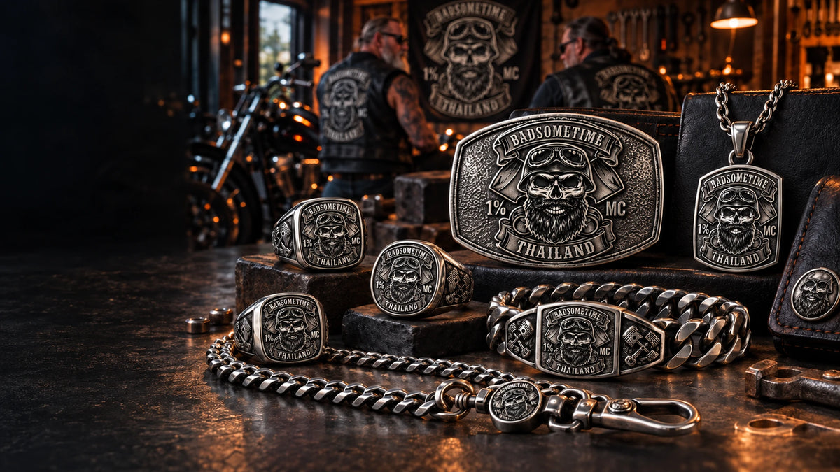 A complete collection of custom motorcycle club rings, pendants, buckles, bracelets, chains and keychains displayed with an authorized club emblem.