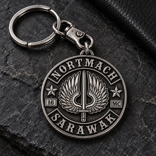 Solid antique silver motorcycle club keychain with a raised authorized club emblem, split ring and heavy swivel clasp.
