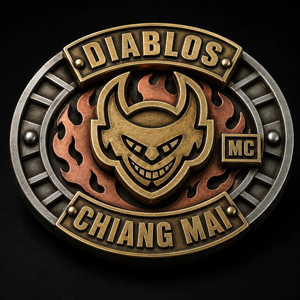 Layered Metal Construction custom motorcycle club belt buckle