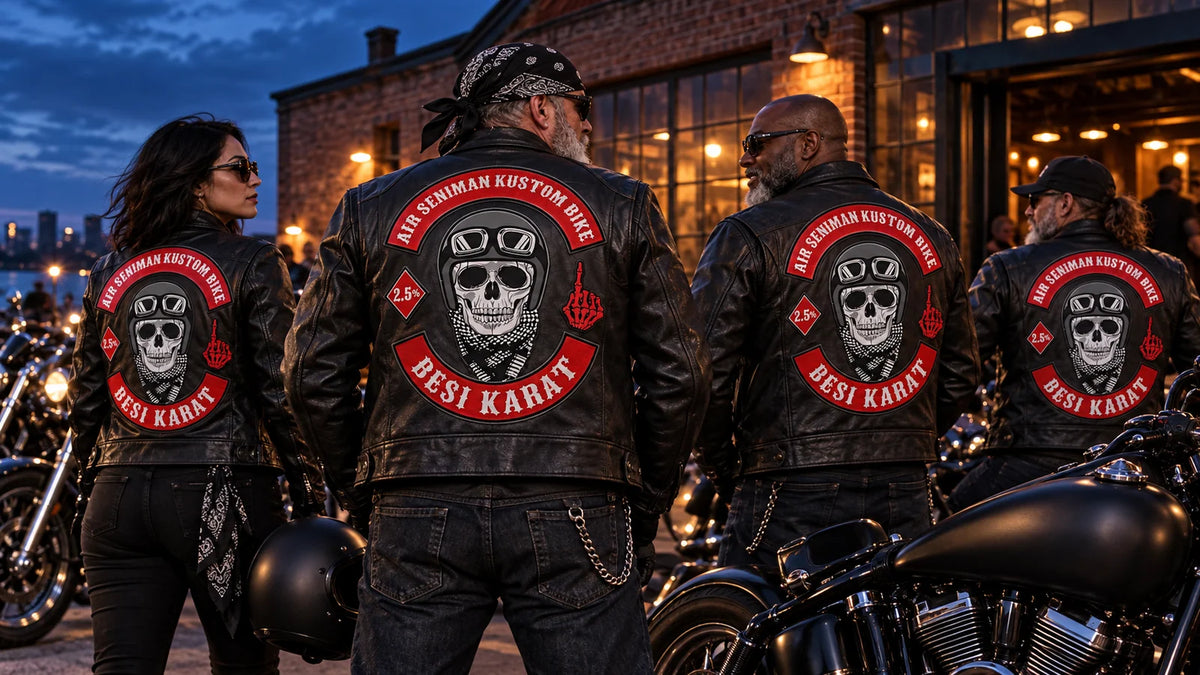 Motorcycle club riders wearing coordinated custom leather jackets outside a V-twin clubhouse.
