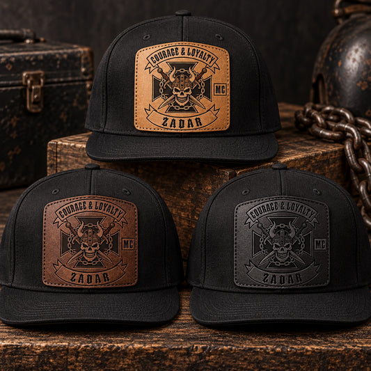 Black motorcycle club hats with three heritage leather colors.