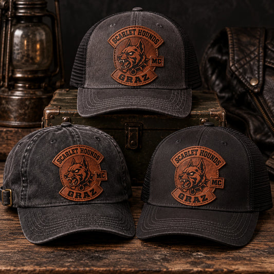 Charcoal and washed-black motorcycle club leather patch hats in tonal combinations.