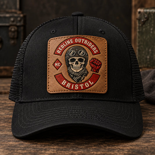 Black trucker leather patch hat with an approved engraved club emblem.